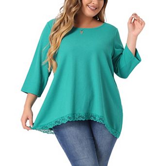 Plus Size Blouse For Women Waffle 3/4 Sleeve Round Neck Lace Panel Loose High Low Hem Tops