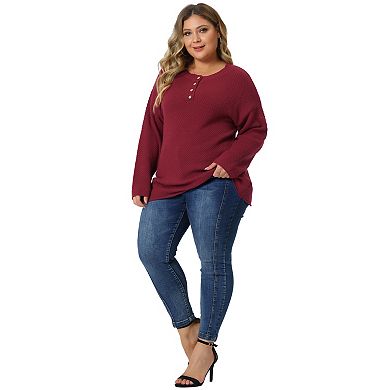 Plus Size Sweater for Women Oversized Round Neck Long Sleeve Button Knit Pullover Sweater