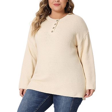Plus Size Sweater for Women Oversized Round Neck Long Sleeve Button Knit Pullover Sweater