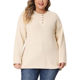 Plus Size Sweater for Women Oversized Round Neck Long Sleeve Button Knit Pullover Sweater