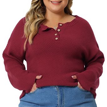 Plus Size Sweater for Women Oversized Round Neck Long Sleeve Button Knit Pullover Sweater