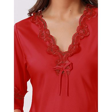 Womens Satin Pajama Dress Lace V Neck 3/4 Sleeve Lingerie Silky Sleepwear Lounge Nightgowns