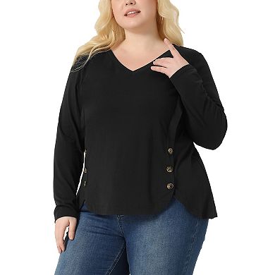 Plus Size Long Sleeve Tunic Tops for Women V Neck Loose T Shirt Button Side Swing Blouses