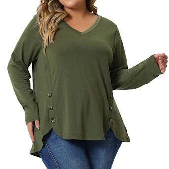 Plus Size Long Sleeve Tunic Tops for Women V Neck Loose T Shirt Button Side Swing Blouses