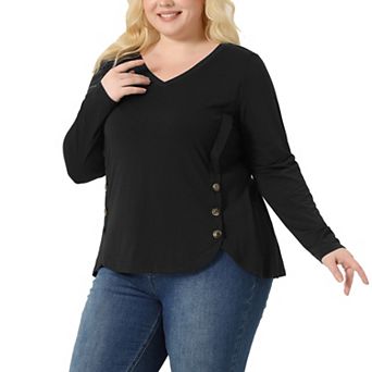 Plus Size Long Sleeve Tunic Tops for Women V Neck Loose T Shirt Button Side Swing Blouses