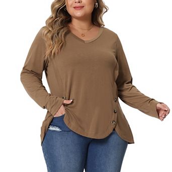 Plus Size Long Sleeve Tunic Tops for Women V Neck Loose T Shirt Button Side Swing Blouses