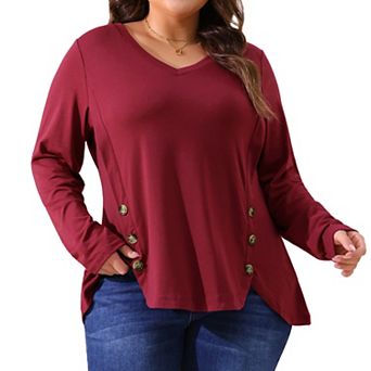 Plus Size Long Sleeve Tunic Tops for Women V Neck Loose T Shirt Button Side Swing Blouses