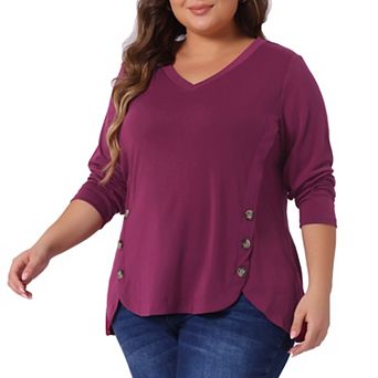 Plus Size Long Sleeve Tunic Tops for Women V Neck Loose T Shirt Button Side Swing Blouses