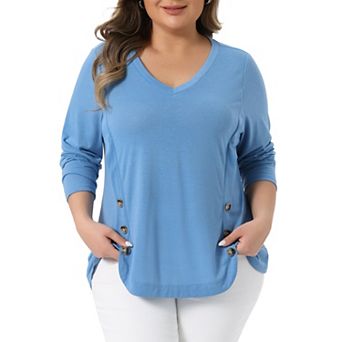Plus Size Long Sleeve Tunic Tops for Women V Neck Loose T Shirt Button Side Swing Blouses