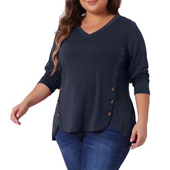 Plus Size Long Sleeve Tunic Tops For Women V Neck Loose T Shirt Button Side Swing Blouses