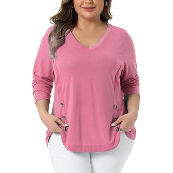 Plus Size Long Sleeve Tunic Tops for Women V Neck Loose T Shirt Button Side Swing Blouses