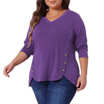Plus Size Long Sleeve Tunic Tops for Women V Neck Loose T Shirt Button Side Swing Blouses