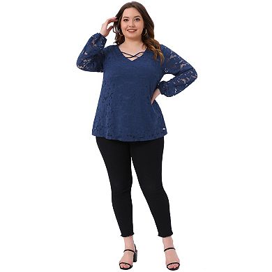 Lace Blouse For Women Plus Size Sheer Long Sleeve Elastic Cuff Layer Cross V Neck Tops