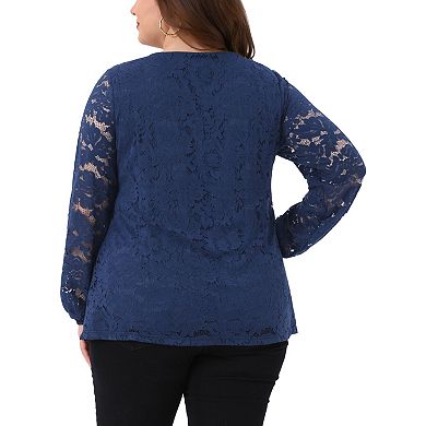 Plus Size Blouse for Women Lace Sheer V Neck Long Sleeve Elastic Cuff Layer Cross Shirt Tops