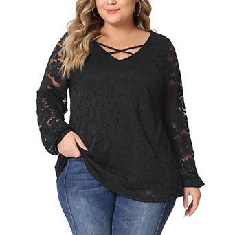 Plus Size Blouse for Women Lace Sheer V Neck Long Sleeve Elastic Cuff Layer Cross Shirt Tops