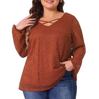 Plus Size Blouse for Women Lace Sheer V Neck Long Sleeve Elastic Cuff Layer Cross Shirt Tops