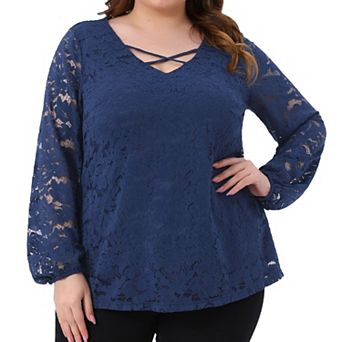 Plus Size Blouse for Women Lace Sheer V Neck Long Sleeve Elastic Cuff Layer Cross Shirt Tops