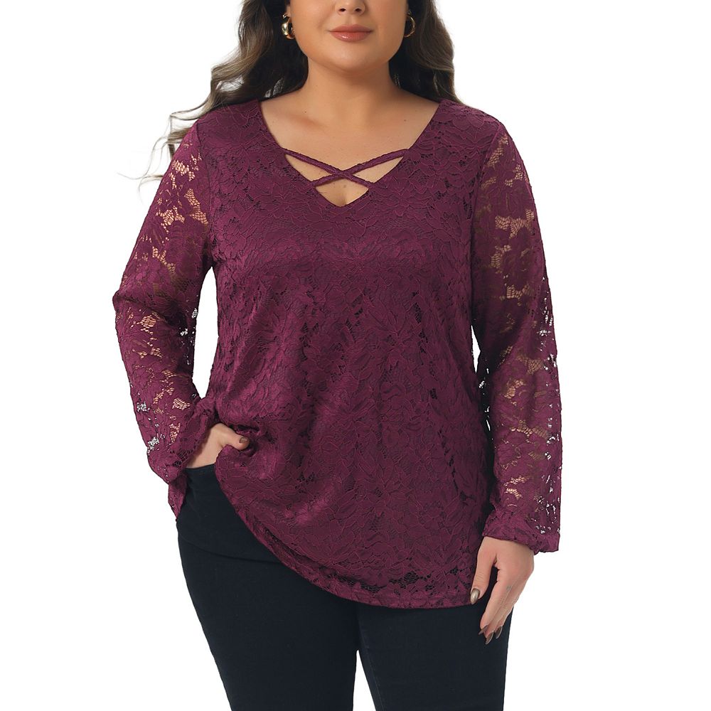 Plus Size Blouse for Women Lace Sheer V Neck Long Sleeve Elastic Cuff ...