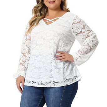 Plus Size Blouse for Women Lace Sheer V Neck Long Sleeve Elastic Cuff Layer Cross Shirt Tops