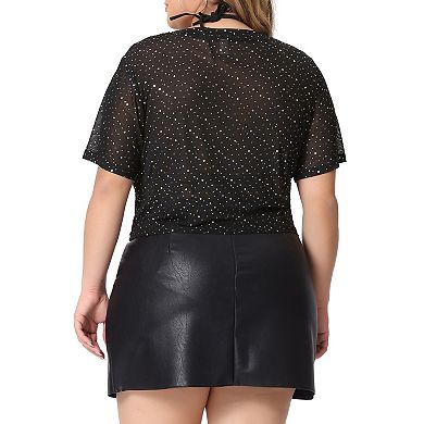 Women's Plus Size Silver Star Club Mesh Sheer Trendy Crop Blouses