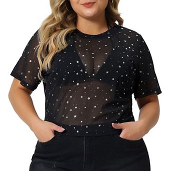 Women's Plus Size Silver Star Club Mesh Sheer Trendy Crop Blouses