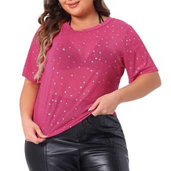 Women's Plus Size Silver Star Club Mesh Sheer Trendy Crop Blouses