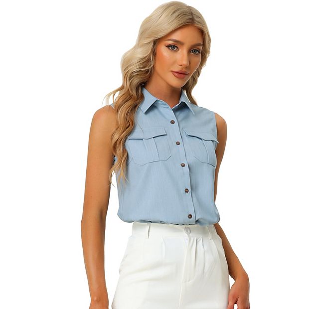 Summer Button Down Shirt for Women's Sleeveless Collar Tank