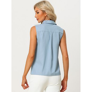 Summer Button Down Shirt for Women's Sleeveless Collar Tank Top with Pockets