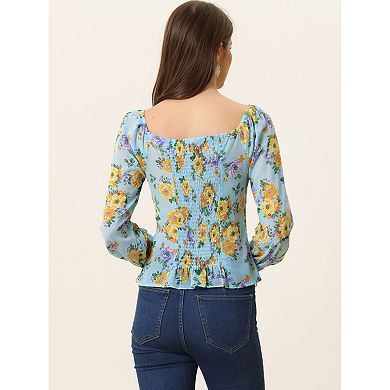 Women's Floral Smocked Top Elegant Long Sleeve Square Neck Blouse