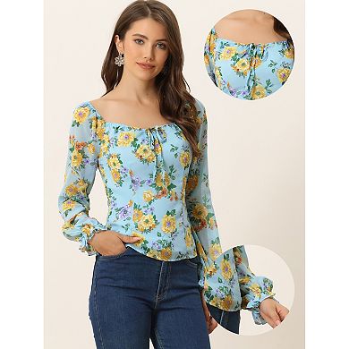 Women's Floral Smocked Top Elegant Long Sleeve Square Neck Blouse