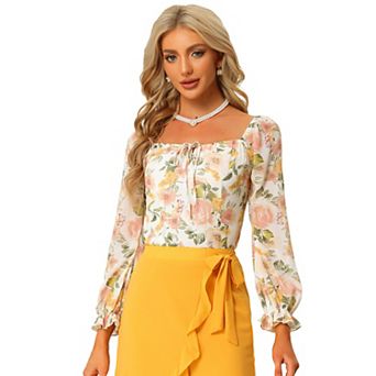 Women's Floral Smocked Top Elegant Long Sleeve Square Neck Blouse
