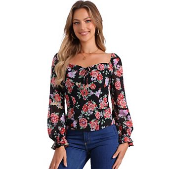 Women's Floral Smocked Top Elegant Long Sleeve Square Neck Blouse