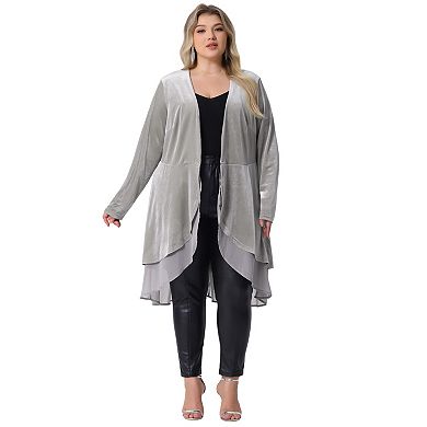 Women's Plus Size Velvet Cardigan Open Front Irregular Draped Mesh Hem Cardigans