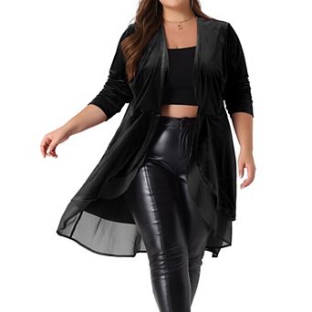 Women's Plus Size Velvet Cardigan Open Front Irregular Draped Mesh Hem Cardigans