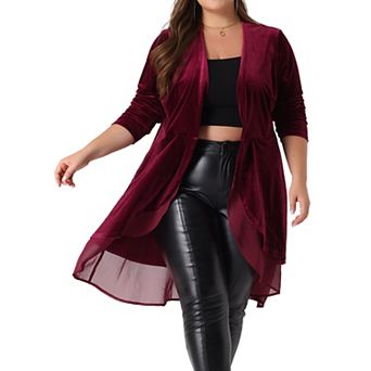 Women's Plus Size Velvet Cardigan Open Front Irregular Draped Mesh Hem Cardigans