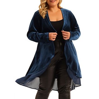Women's Plus Size Velvet Cardigan Open Front Irregular Draped Mesh Hem Cardigans