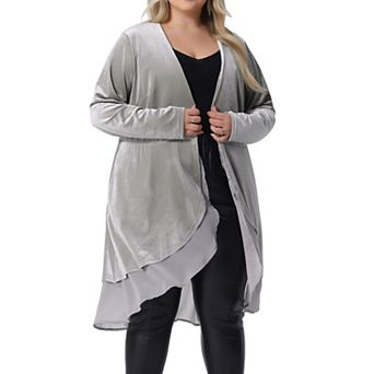 Women's Plus Size Velvet Cardigan Open Front Irregular Draped Mesh Hem Cardigans