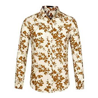 Men's Flower Palm Long Sleeve Button Down Hawaiian Shirt