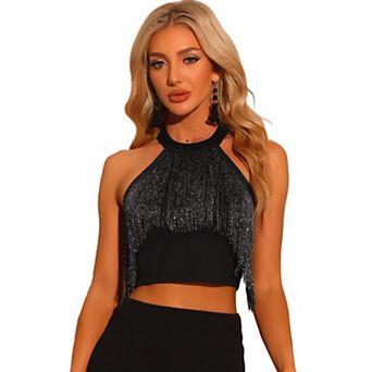 Fringe Top for Women's Sparkly Sleeveless Tie Halter Neck Corset Tank Tops