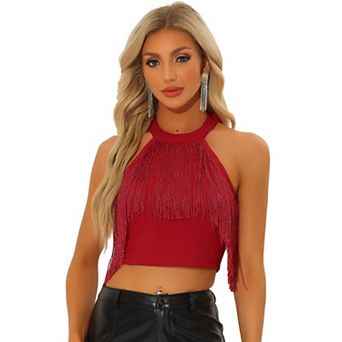 Fringe Top for Women's Sparkly Sleeveless Tie Halter Neck Corset Tank Tops