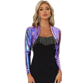 Women's Holographic Party Shimmering Shiny Lightweight Metallic Cropped Cardigan