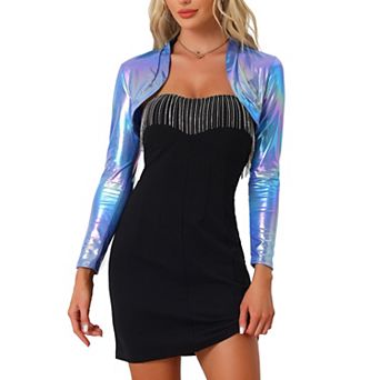 Women's Holographic Party Shimmering Shiny Lightweight Metallic Cropped Cardigan