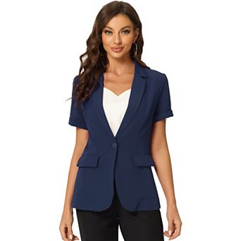 Women's Short Sleeve Blazer 1 Button Office Suit Jacket