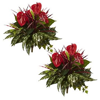 nearly natural 2 pc 24 in Mixed Anthurium Bush Set