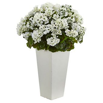 nearly natural 27 in UV Resistant Geranium Artificial Plant in White Planter
