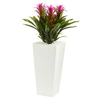 nearly natural Purple Triple Bromeliad Artificial Plant in White Tower Planter