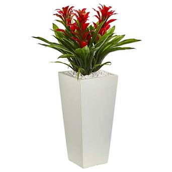 nearly natural Red Triple Bromeliad Artificial Plant in White Tower Planter