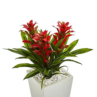 nearly natural Red Triple Bromeliad Artificial Plant in White Tower Planter