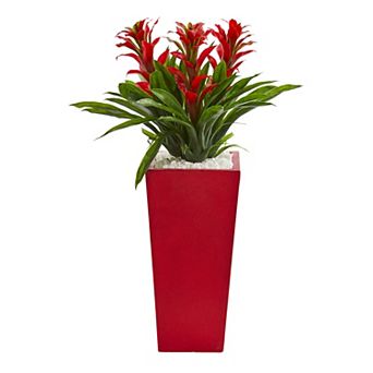nearly natural Triple Bromeliad Artificial Plant in Red Planter