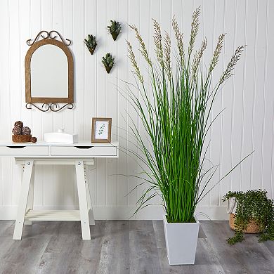 nearly natural 75-in. Grass Artificial Plant in White Metal Planter